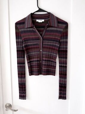 Re/Done Burgundy Multi Striped Button-Down Top